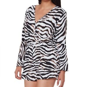 Bar III Women's White Zebra Print Long Sleeve V-Neck Romper Swim Cover Up Size S